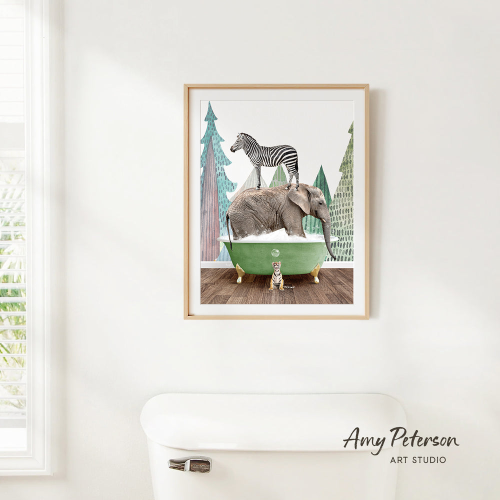 A framed illustration of a zebra standing on the edge of a bathtub filled with water, with an elephant sitting inside the tub.