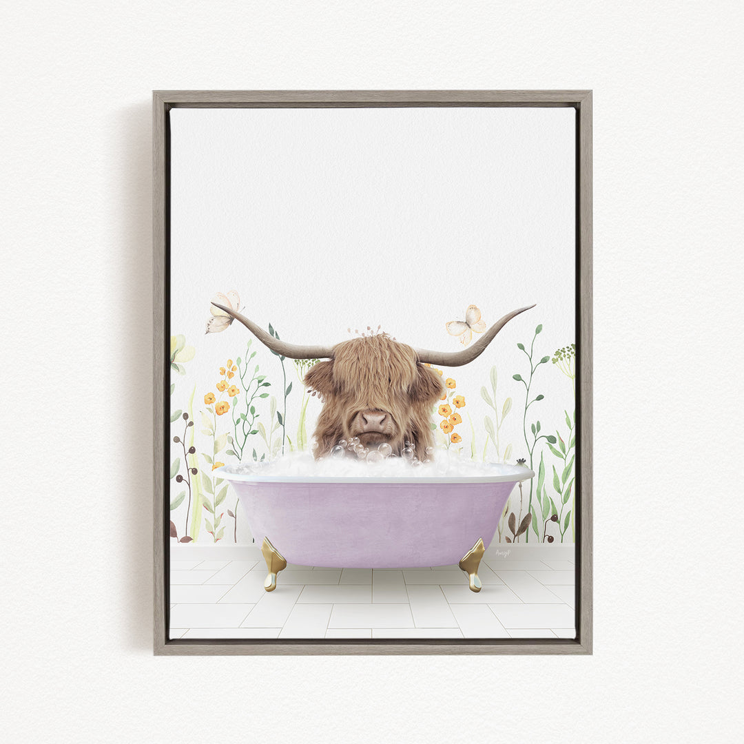 A Highland cow with long horns is sitting in a pink bathtub filled with water, surrounded by flowers and plants.