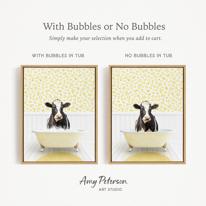 The image is a collage of two pictures featuring a cow sitting in a bathtub. The cow is depicted in both a tub with bubbles and a tub without bubbles, allowing the viewer to choose which version they prefer.