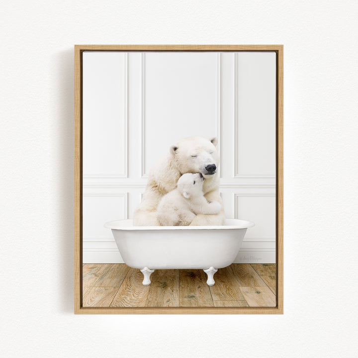 A mother polar bear and her cub sitting together in a white bathtub, with the mother appearing to be comforting her cub.