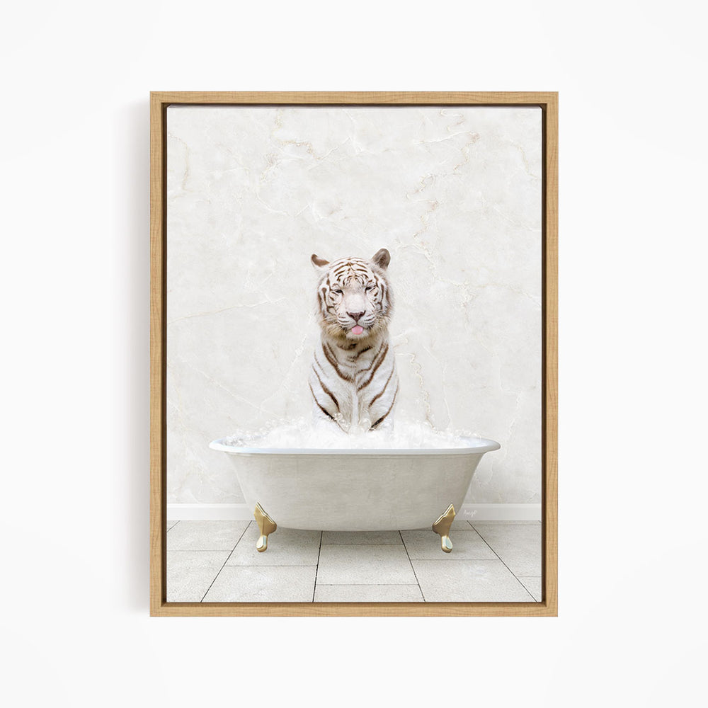 A white tiger sitting in a white bathtub filled with bubbles, with its mouth open and tongue sticking out.