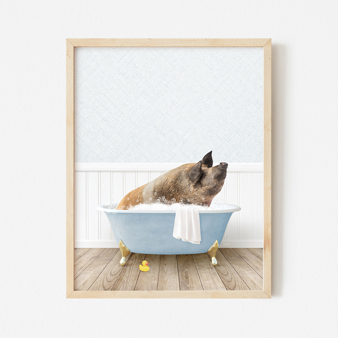 a dog taking a bath in a blue bathtub