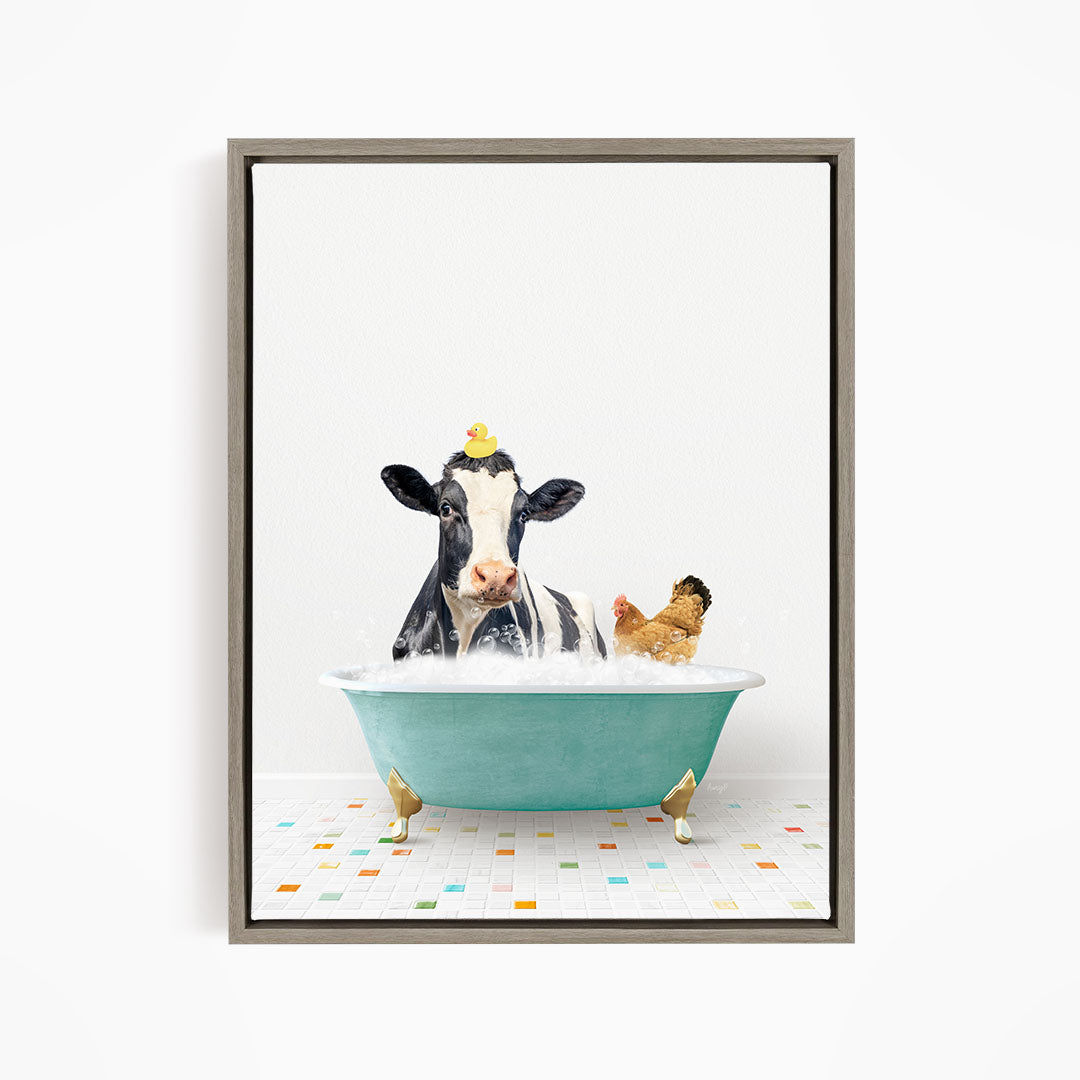 A cow with a yellow rubber duck on its head is sitting in a green bathtub, with a chicken standing nearby.