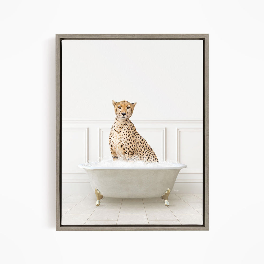 A cheetah sitting in a white bathtub filled with water, looking directly at the camera.