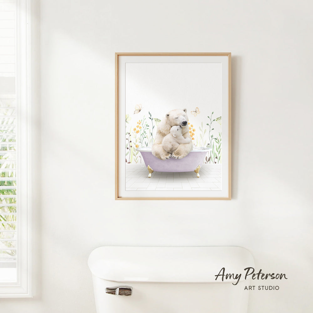 A framed print of a polar bear sitting in a bathtub, surrounded by flowers, is hanging on a white wall.