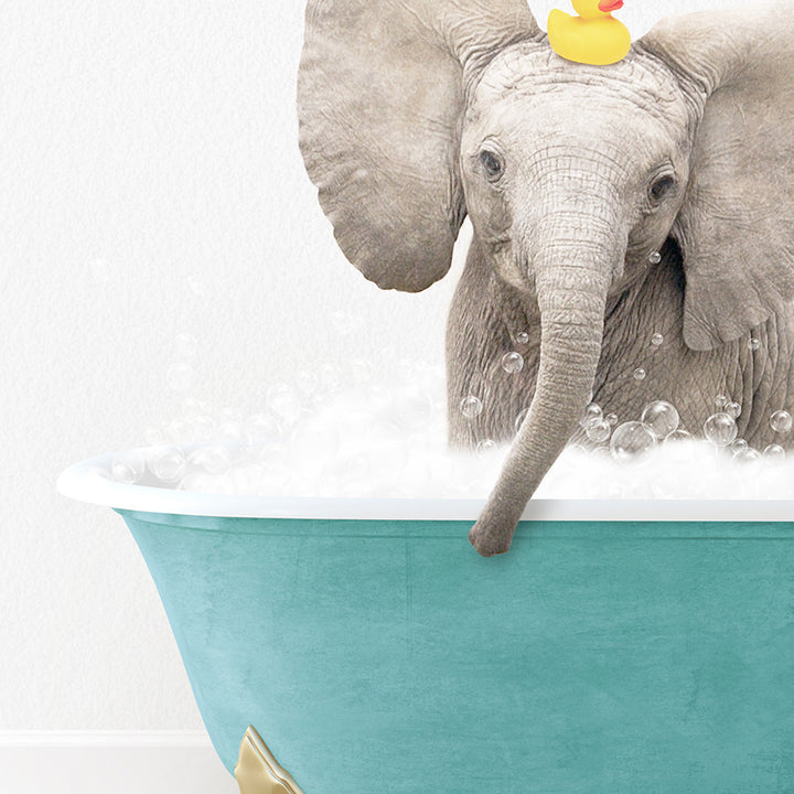 an elephant in a bathtub with a rubber ducky on its head