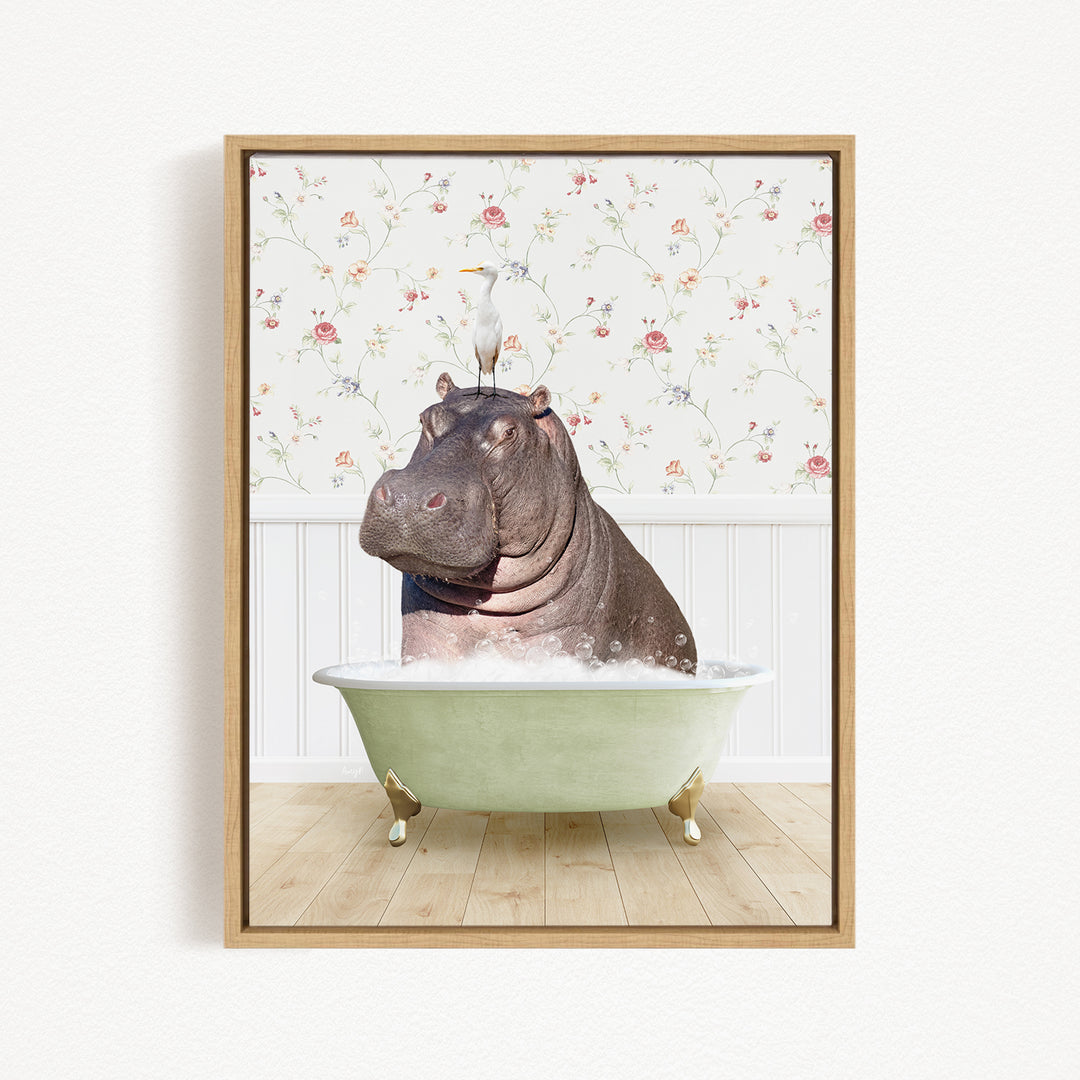 A hippopotamus sitting in a bathtub filled with water, surrounded by a floral wallpaper.