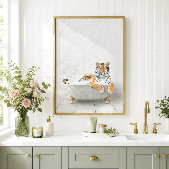 a bathroom with a framed picture of a tiger sitting in a bathtub, surrounded by flowers and candles.