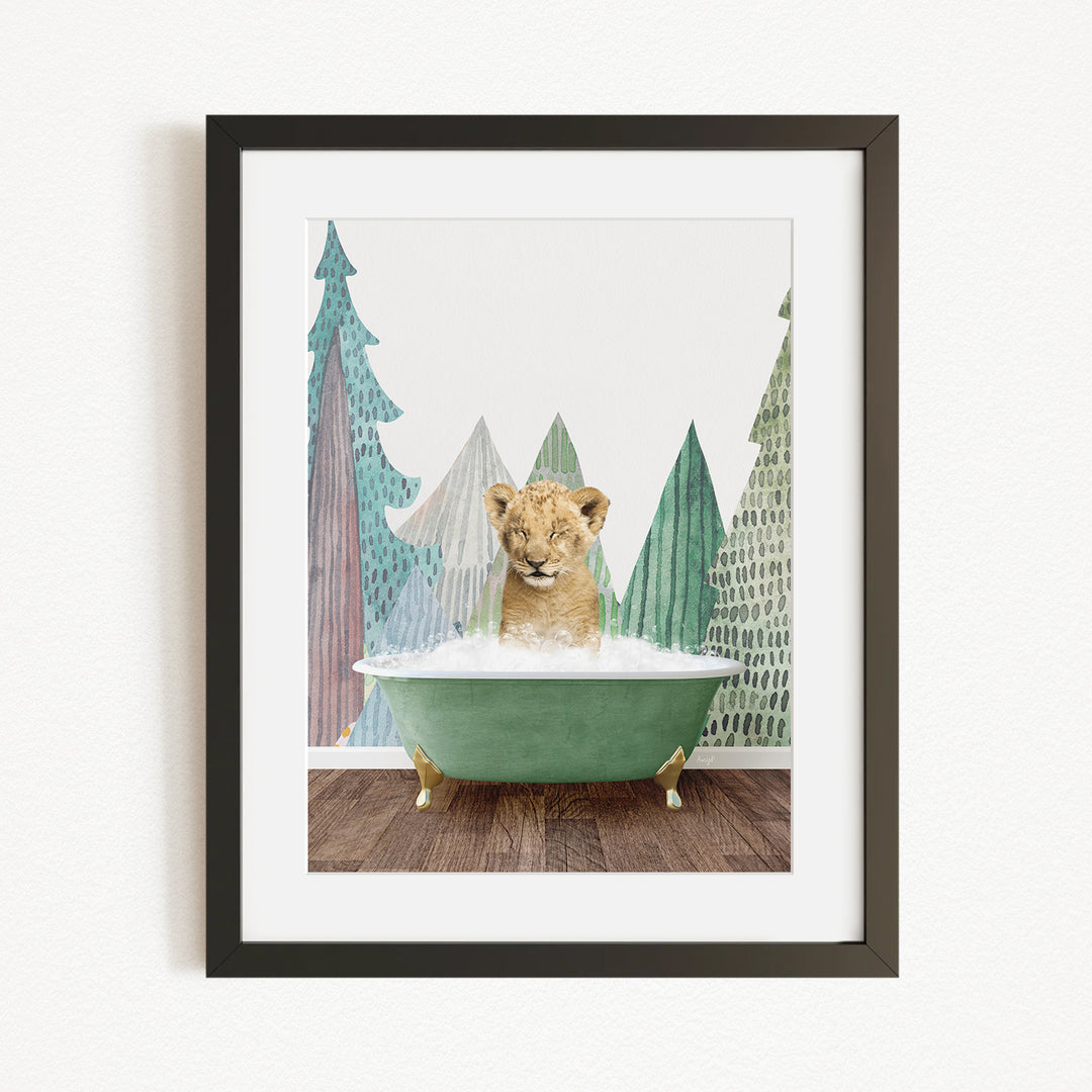 A young lion cub sitting in a green bathtub, surrounded by stylized trees and a snowy landscape.