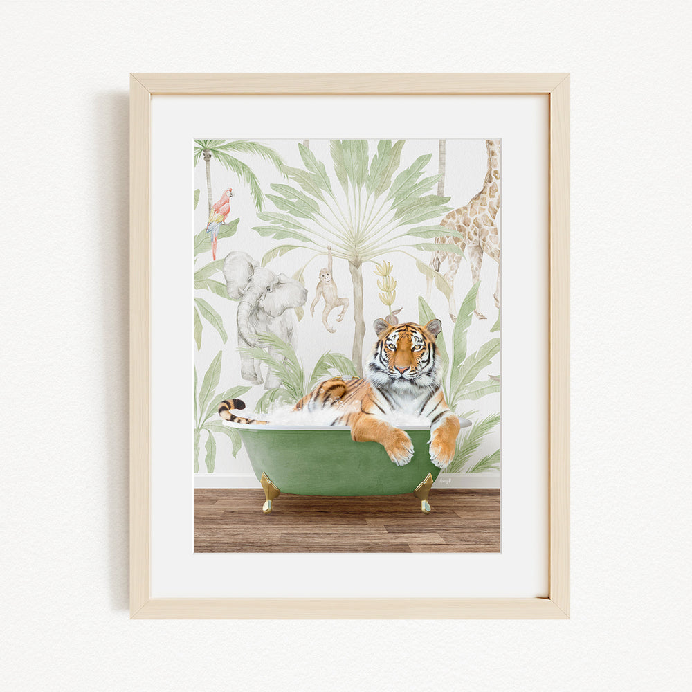 A tiger is sitting in a green bathtub, surrounded by a tropical jungle scene with palm trees, a giraffe, and other animals.