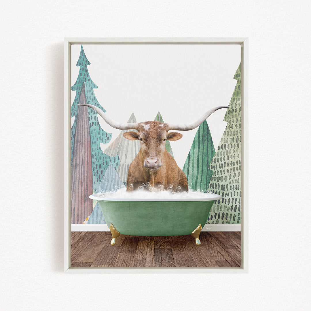 A brown cow with large horns is sitting in a green bathtub, surrounded by a forest scene with trees and a misty atmosphere.