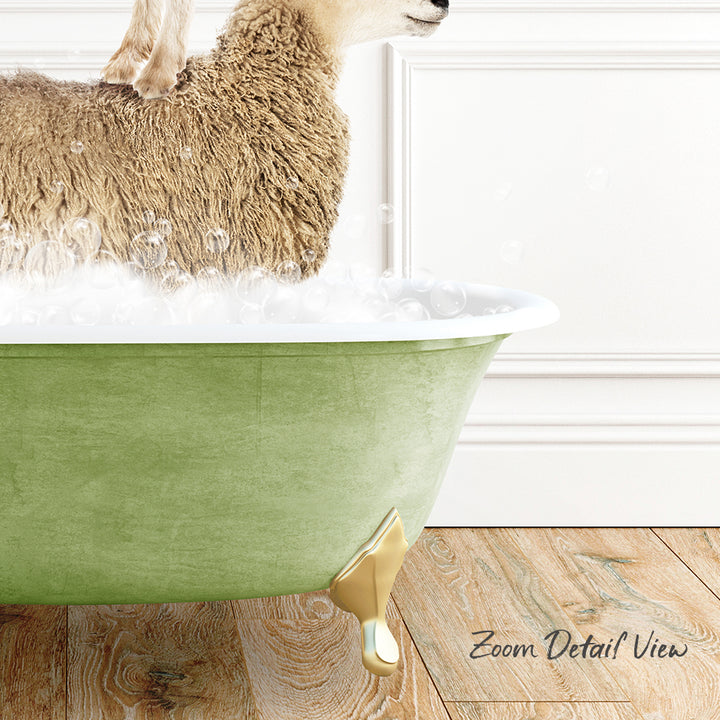 A fluffy brown sheep is sitting in a green bathtub filled with bubbles, with a wooden floor visible in the background.