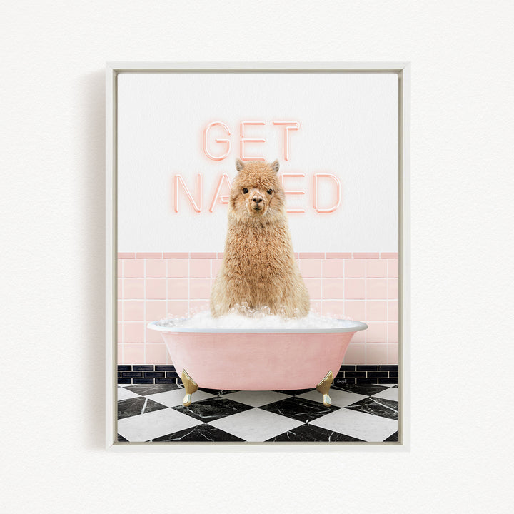 A fluffy brown dog sitting in a pink bathtub filled with bubbles, with a pink neon sign that says "GET NAKED" in the background.