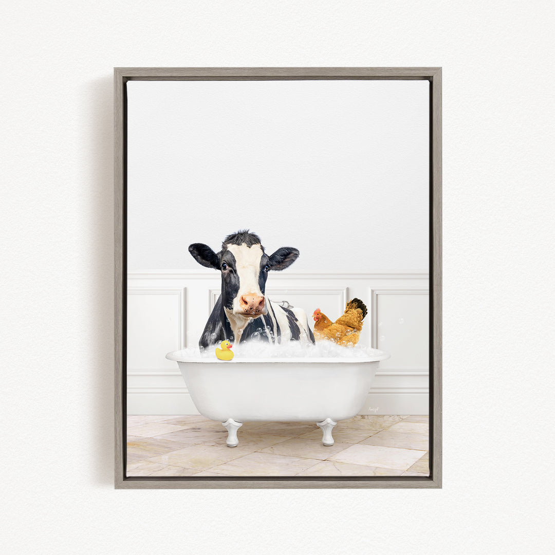 A black and white cow is sitting in a white bathtub, surrounded by a yellow rubber duck and a chicken, creating a whimsical and playful scene.