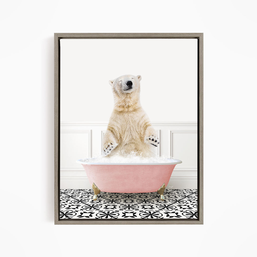 A polar bear standing in a pink bathtub filled with water, surrounded by a black and white patterned floor.