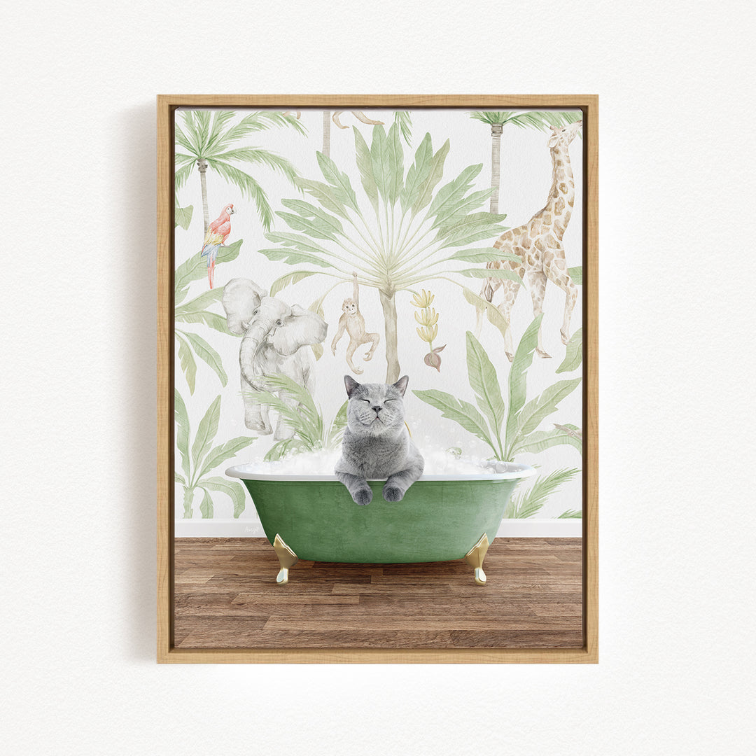 A gray cat sitting in a green bathtub, surrounded by various animals and plants, creating a whimsical and playful scene.
