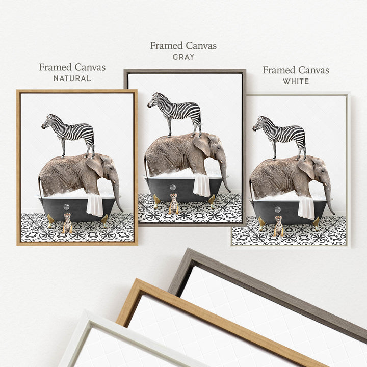 three framed prints of a zebra standing on an elephant's back while both animals are in a bathtub.
