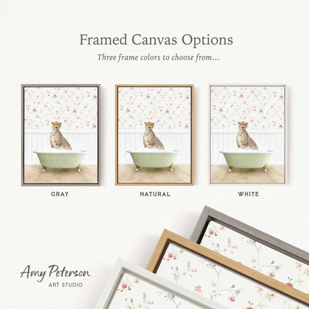 The image is a framed canvas option featuring three different framed pictures of a cat sitting in a bathtub. The cat is depicted in various colors, including gray, natural, and white. The text above the images reads " Framed Canvas Options" and "Three frame colors to choose from...". The bottom of the image includes the text " Amy Peterson ART STUDIO".