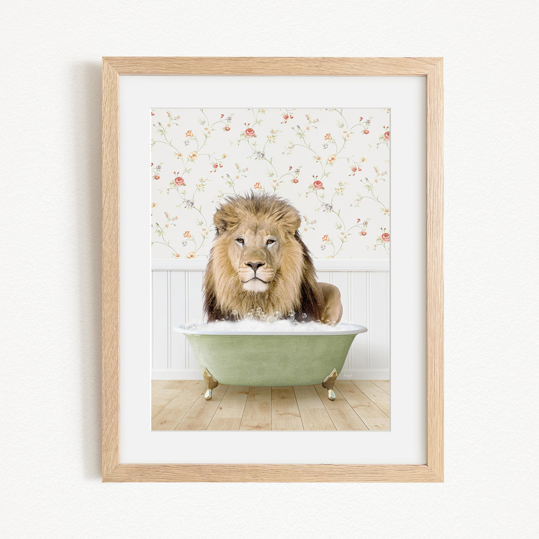 A lion is sitting in a green bathtub, surrounded by a floral patterned wall.