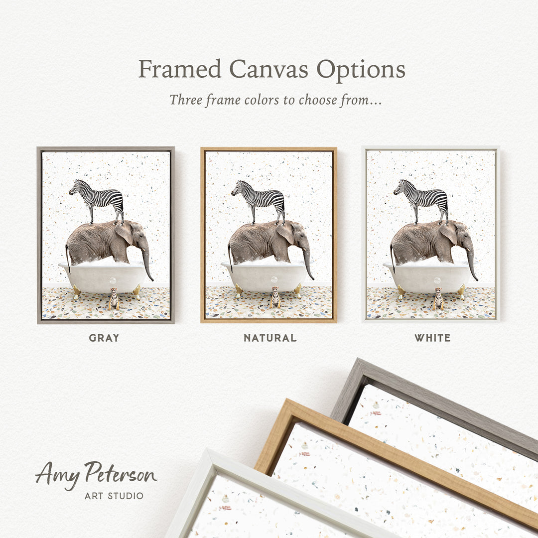 three framed canvas options featuring a zebra and an elephant in a bathtub, with three different frame colors to choose from: gray, natural, and white.