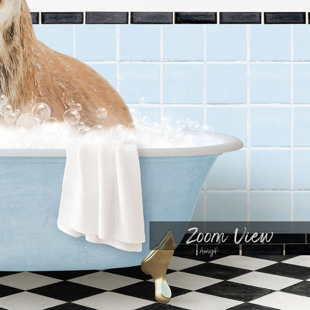 A cat sitting in a blue bathtub filled with bubbles, with a towel draped over the side and a checkered black and white floor in the foreground.