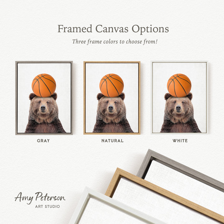 three framed canvas options featuring a bear holding a basketball on its head. The bear is shown in three different color schemes: gray, natural, and white.