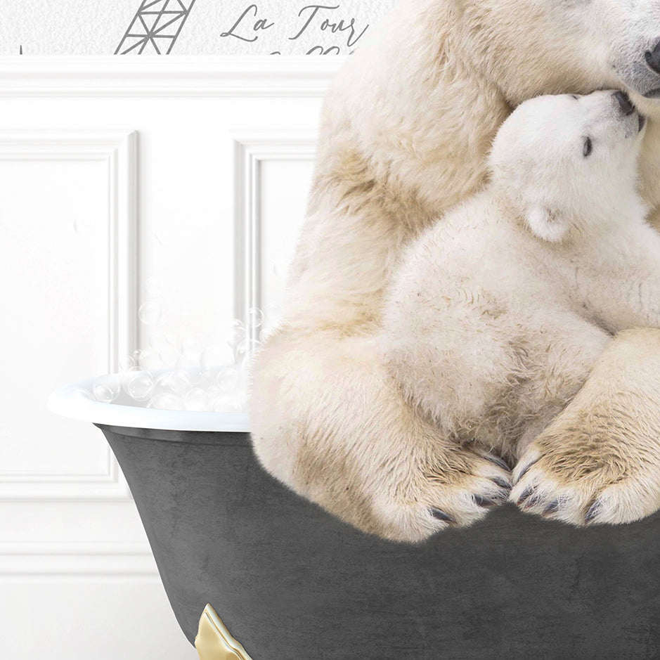 a mother polar bear cuddles her cub in a bathtub