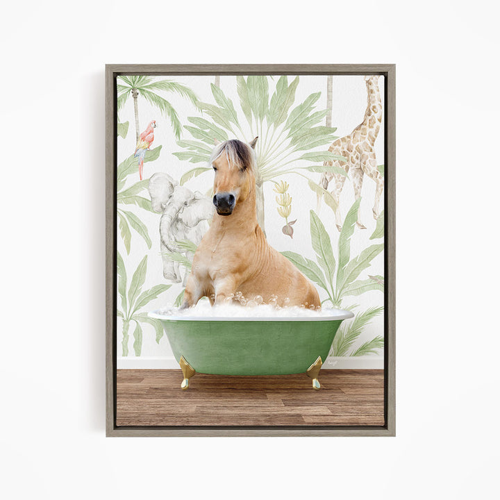 A light brown horse is sitting in a green bathtub, surrounded by a tropical wallpaper with various animals and plants.