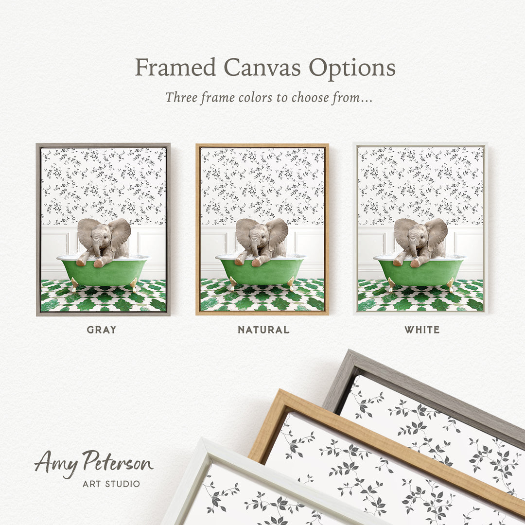three framed canvas options, each featuring a different color and frame style. The options include a gray frame, a natural frame, and a white frame. The text above the options reads " Framed Canvas Options" and "Three frame colors to choose from...". The text below the options reads "Grays", "Naturals", and "Whites". The artist's name, " Amy Peterson", is also included at the bottom of the image.