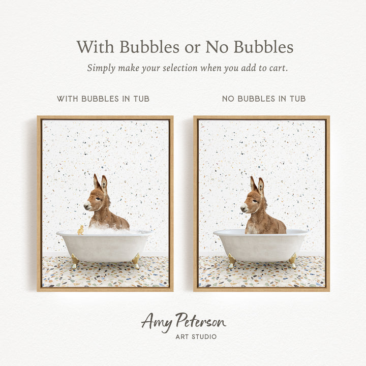 The image is a collage of two pictures, each featuring a donkey in a bathtub. The donkey in the bathtub has bubbles, while the donkey in the other bathtub does not have bubbles. The collage is titled "With Bubbles or No Bubbles" and is created by Amy Peterson from Art Studio.