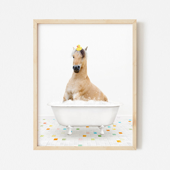 a horse in a bathtub with a flower in its hair