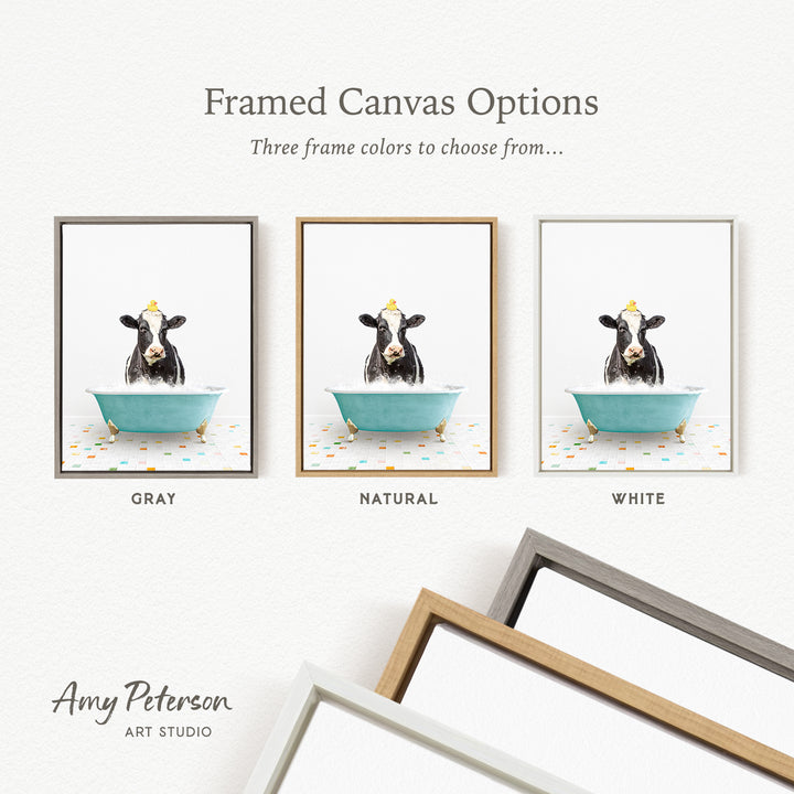 three framed canvas options featuring a cow sitting in a bathtub, each with a different frame color: gray, natural, and white.