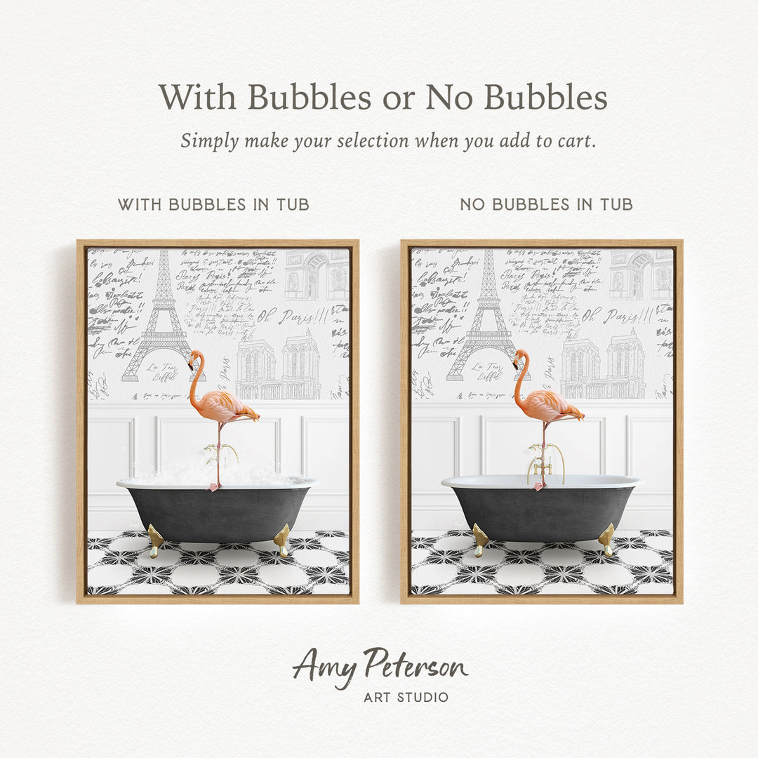 The image is a framed artwork depicting a flamingo standing in a bathtub, with the text "With Bubbles or No Bubbles" and "With Bubbles in Tub" indicating the presence of bubbles in the bathtub.