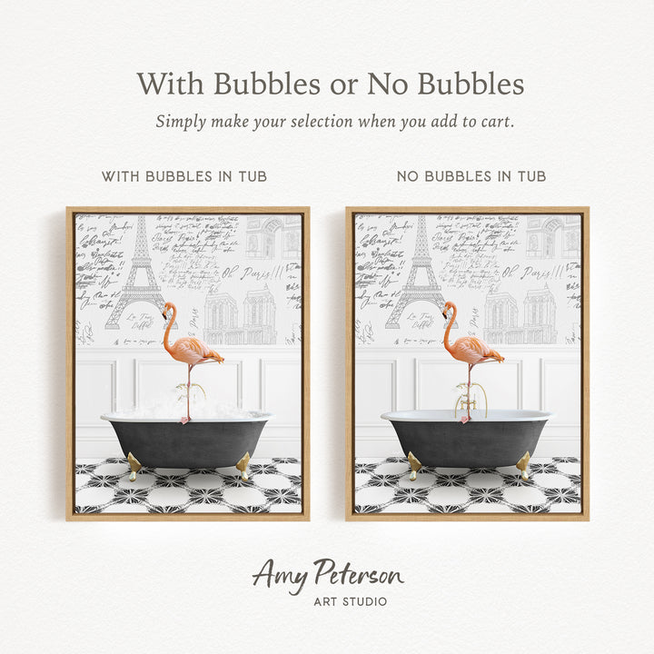 The image is a framed artwork depicting a flamingo standing in a bathtub, with the text "With Bubbles or No Bubbles" and "With Bubbles in Tub" indicating the presence of bubbles in the bathtub.