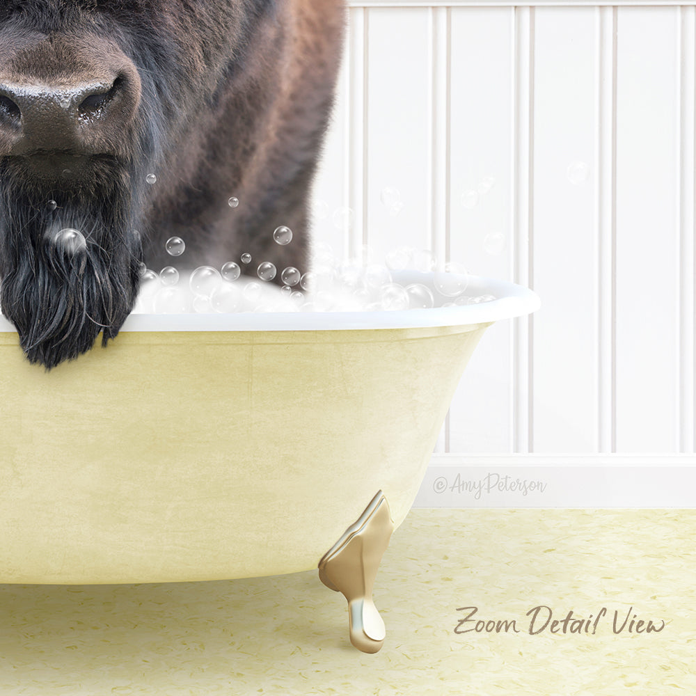 A dog with a long, shaggy coat is sitting in a bathtub filled with bubbles, with its head sticking out of the tub.