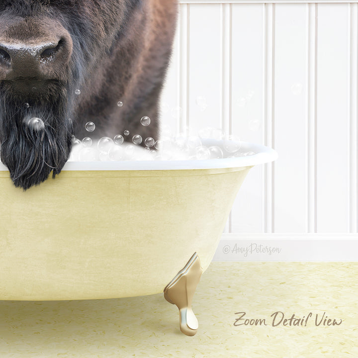A dog with a long, shaggy coat is sitting in a bathtub filled with bubbles, with its head sticking out of the tub.