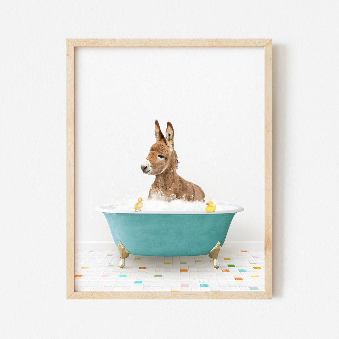 a dog is taking a bath in a blue tub