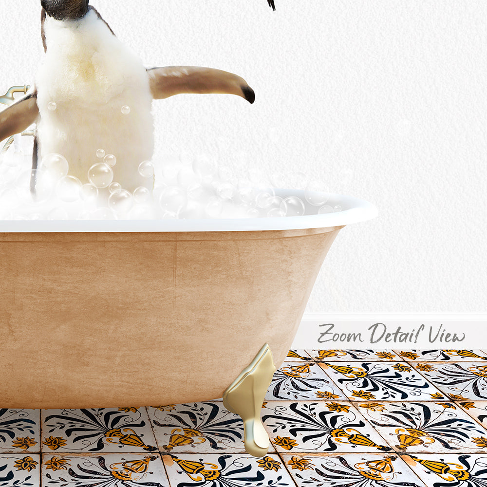 A penguin standing in a bathtub filled with bubbles, with a patterned tile floor visible in the background.