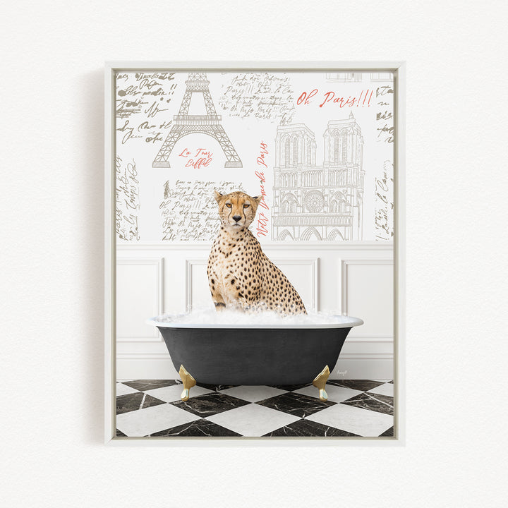 A cheetah sitting in a bathtub filled with water, surrounded by a Paris-themed background with the Eiffel Tower and other Parisian landmarks.