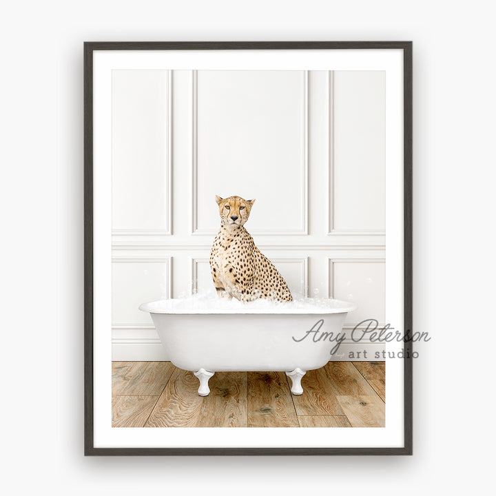 a picture of a cheetah sitting in a bathtub