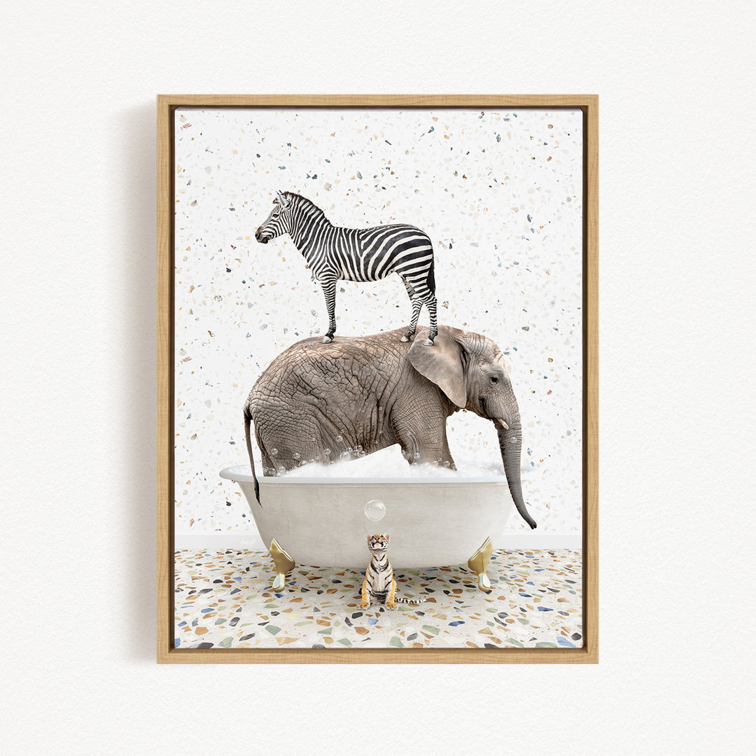 A zebra stands on the back of an elephant, which is submerged in a bathtub, creating a whimsical and surreal scene.