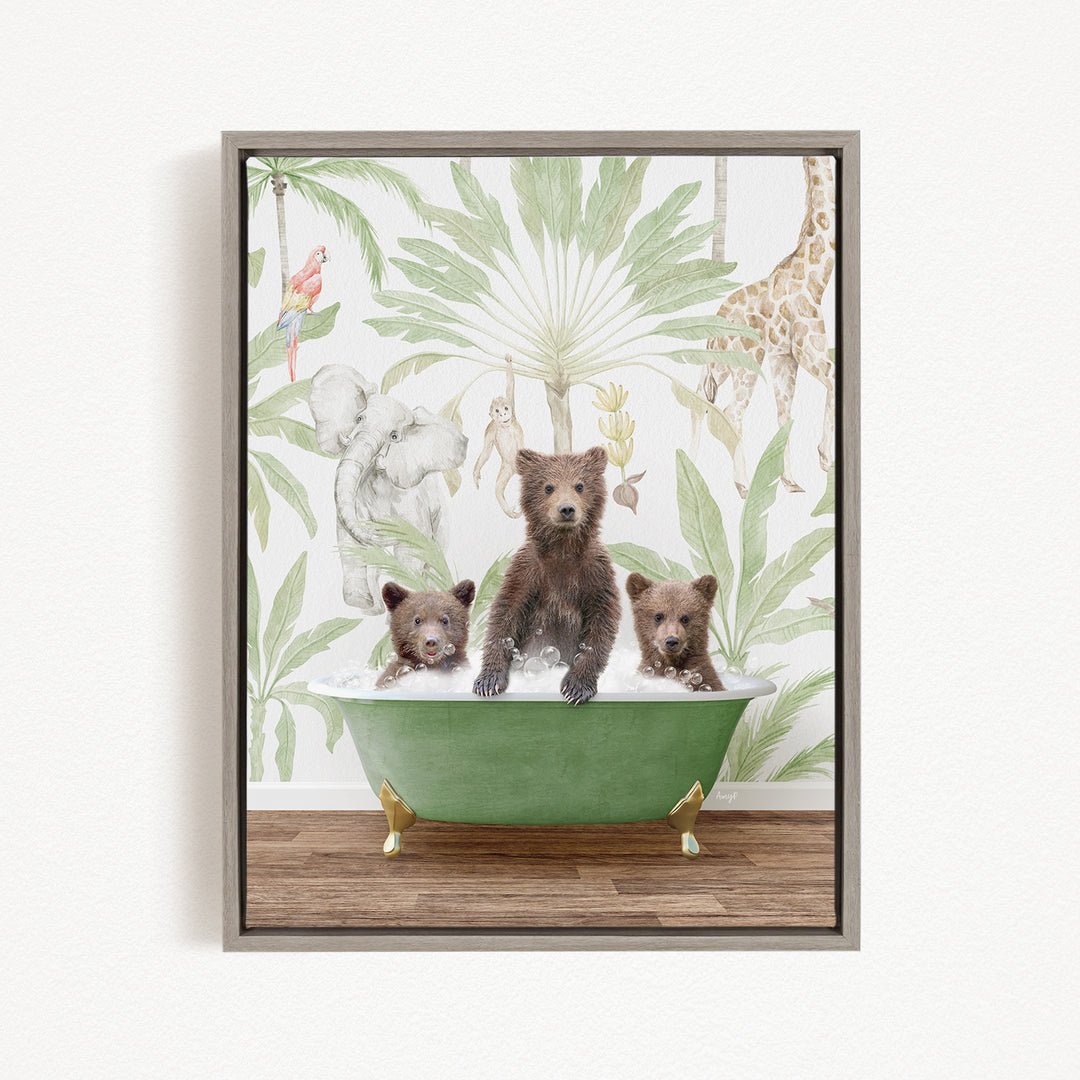 A framed image depicting three bears sitting in a green bathtub, surrounded by a tropical jungle wallpaper.