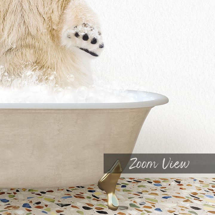 A fluffy white cat is standing in a bathtub filled with bubbles, with its paw raised in the air.