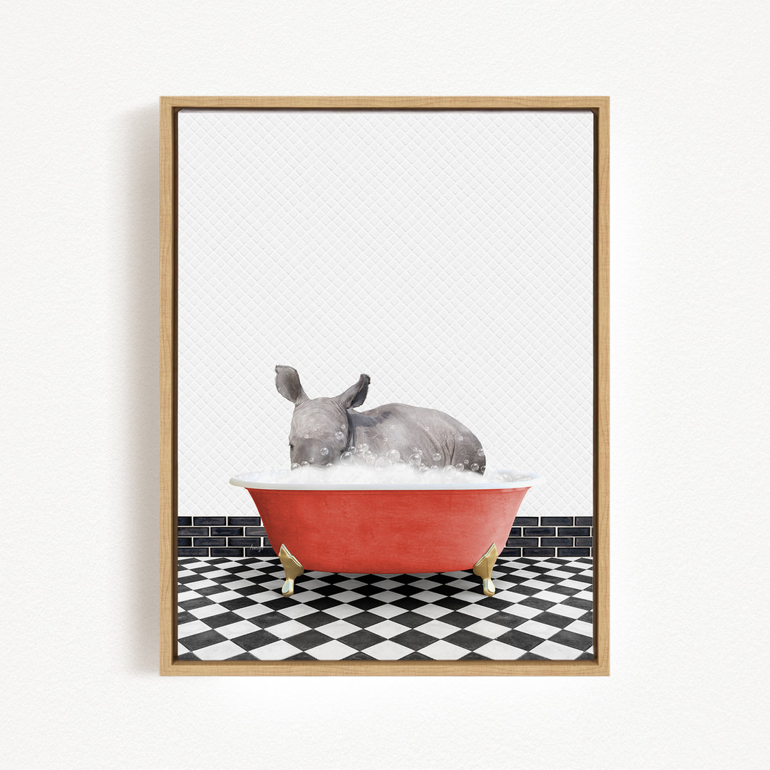 A gray rhinoceros is sitting in a red bathtub filled with water, surrounded by a black and white checkered floor.