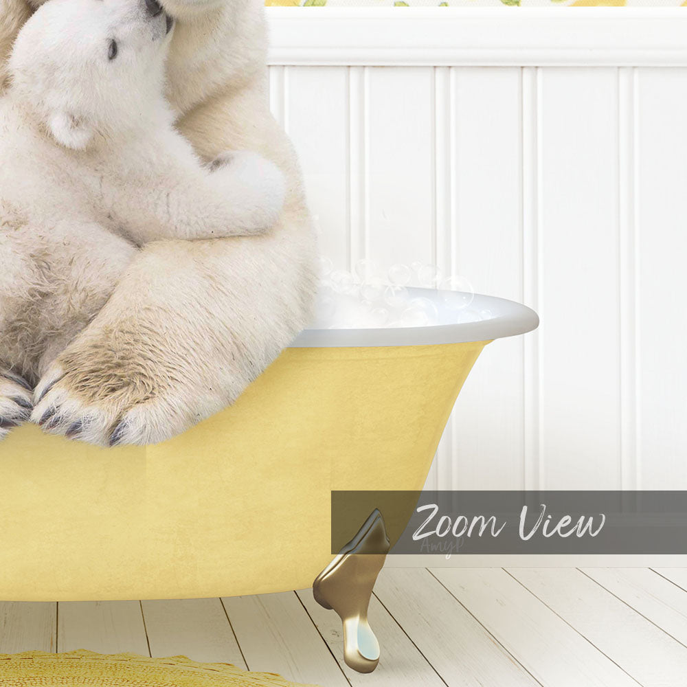 A polar bear sitting in a yellow bathtub, with another polar bear sitting on top of it.