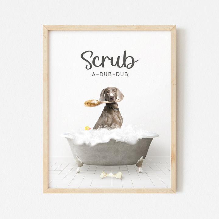 a picture of a dog in a bathtub with the words scrubb above it