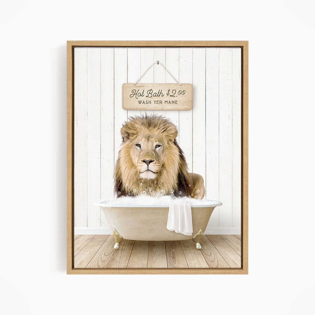 A framed image of a lion sitting in a bathtub, with a sign above the bathtub that reads "Hot Bath $2.00 WASH YET MANE".