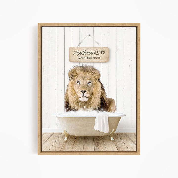 A framed image of a lion sitting in a bathtub, with a sign above the bathtub that reads "Hot Bath $2.00 WASH YET MANE".