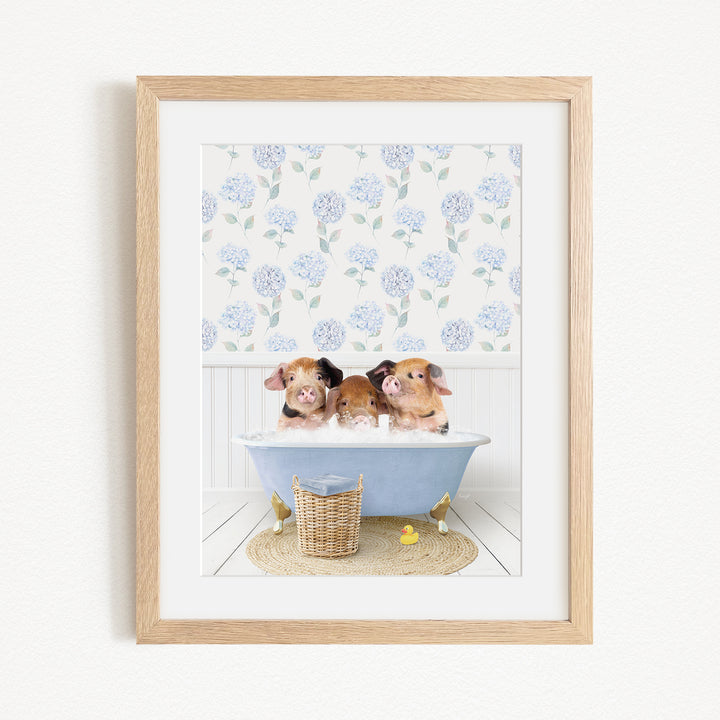 Three adorable pigs sitting in a blue bathtub, surrounded by a floral patterned wall and a basket of rubber ducks.
