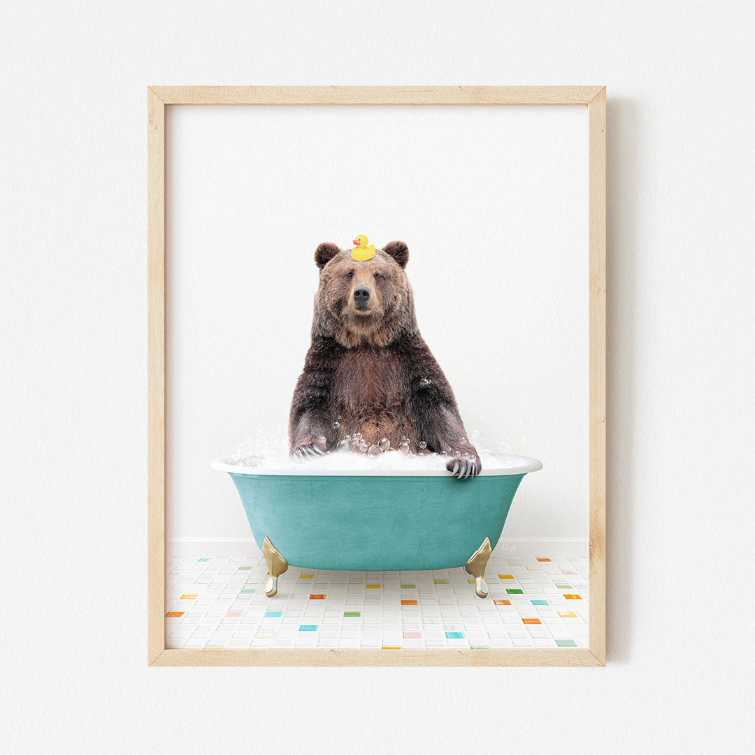 a bear sitting in a bathtub with a crown on its head